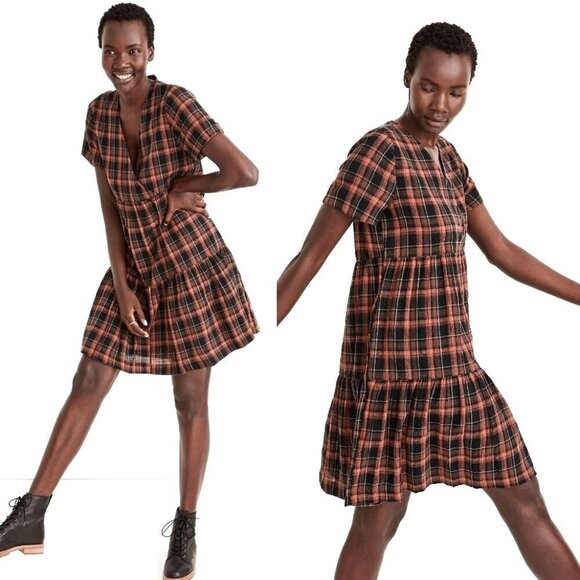 Madewell Orange And Black Plaid Faux Wrap Short Sleeve Tiered‎ Mini Dress XXS - Picture 1 of 12